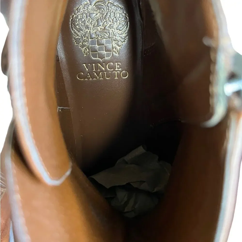 VINCE‎ CAMUTO Peamer Cognac Burnished Leather Ankle Boots Buckles Distressed 7.5